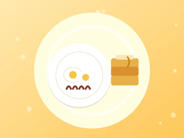 Illustration of a breakfast plate with eggs and bacon beside a stack of pancakes
