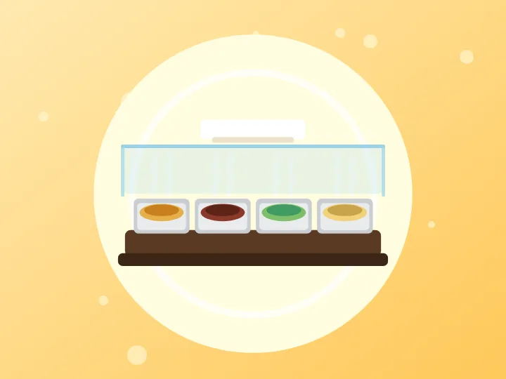 Illustration of a buffet counter with four hot food trays representing buffet price tiers