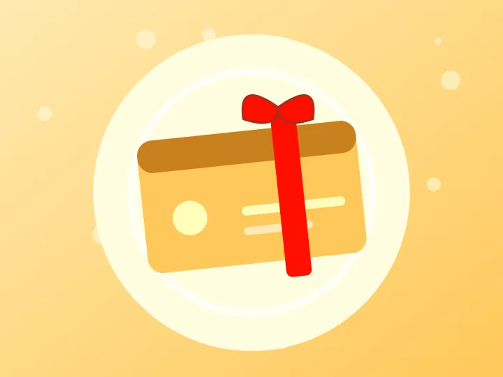 Illustration of an amber gift card tied with a red ribbon