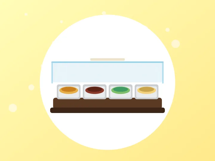 Illustrated buffet line with steaming hot trays behind a glass sneeze guard