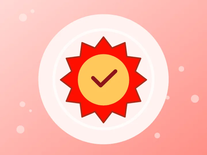 Illustration of a starburst badge with a check mark representing current promotions