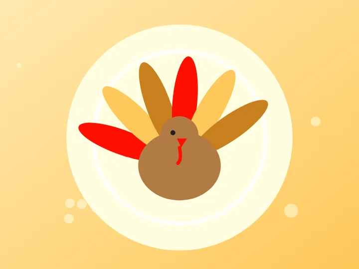 Illustration of a roast turkey with colorful tail feathers