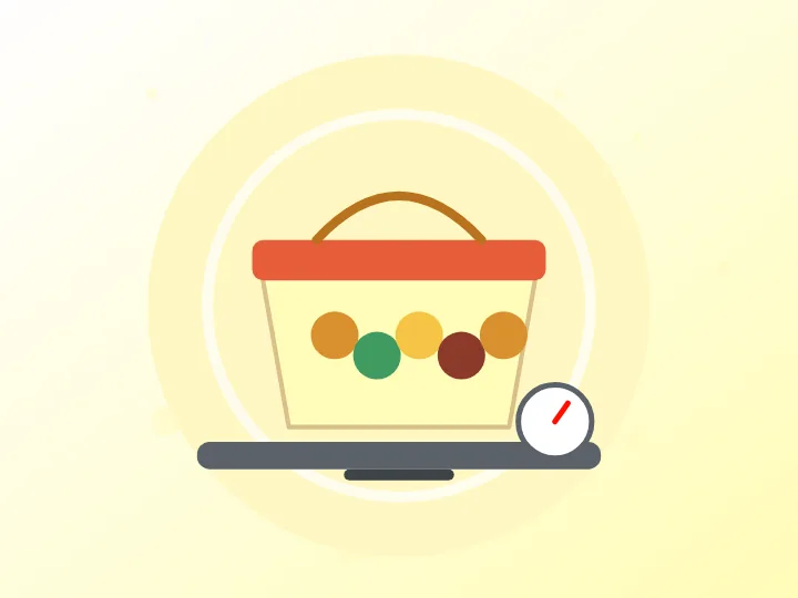 Illustration of a takeout container on a scale for pay-by-the-pound to-go orders