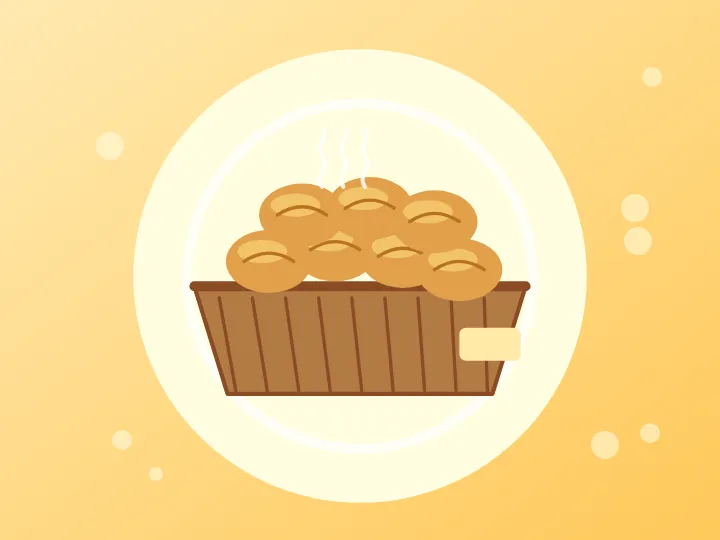 Illustration of a basket of golden yeast rolls with honey butter