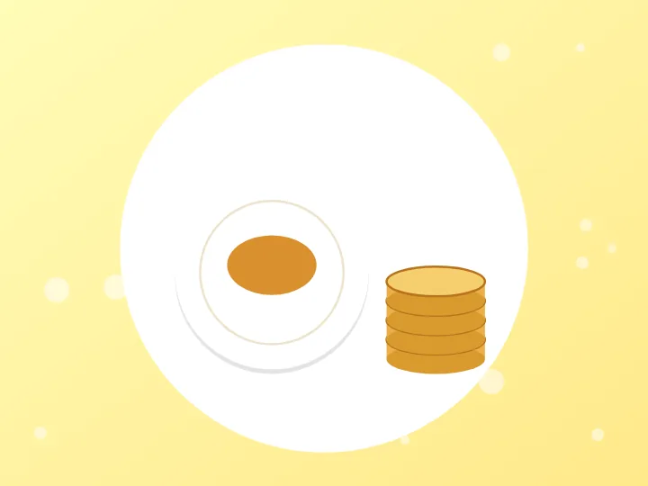 Illustration of a plate of food beside a stack of gold coins